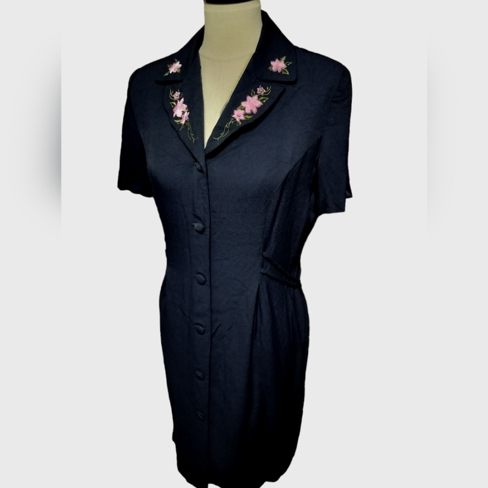 2185) Vintage S.L Fashions Navy Button up Embroidered Secretary Dress Size 14P